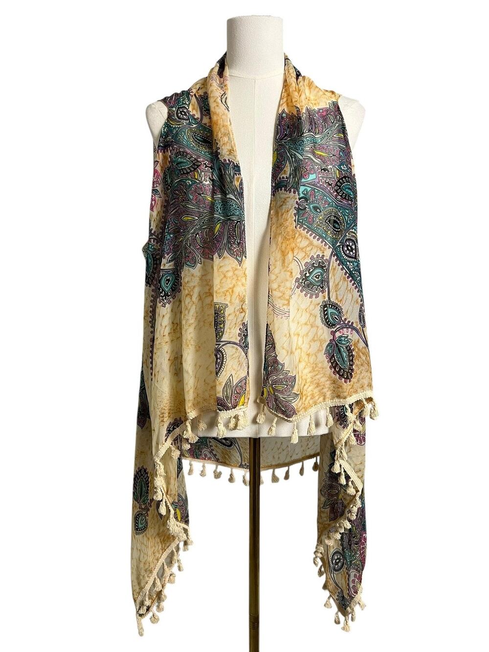Lavello Paisley Kimono Vest Womens One Size Tassel Fringe Boho Sheer Multicolor